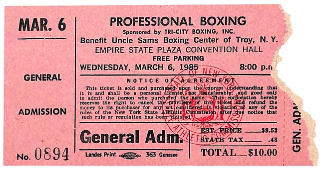 1985 Mike Tyson Professional Debut Ticket From 3/6/1985 